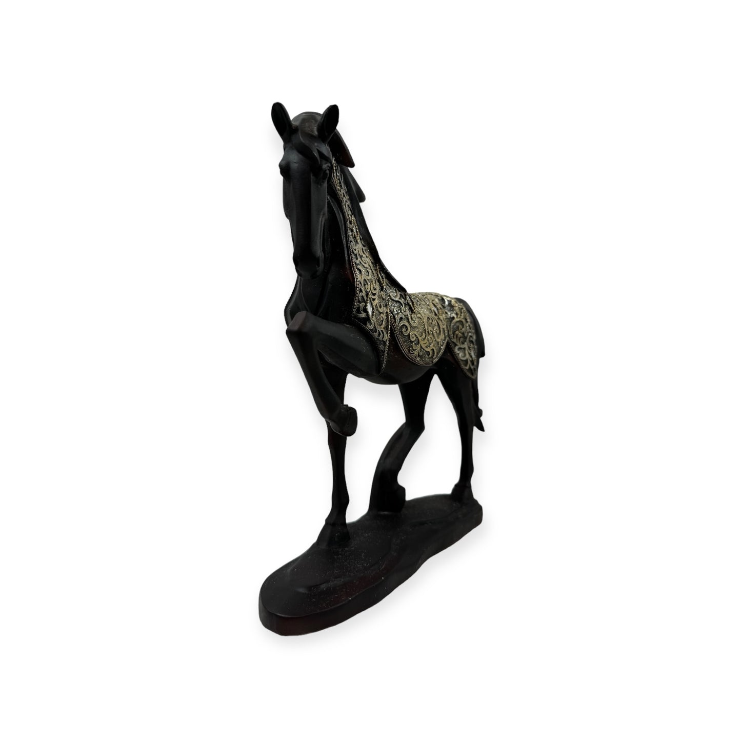 Black Carved Wood Friesian Horse Statue with Fancy Decorative Golden Cover