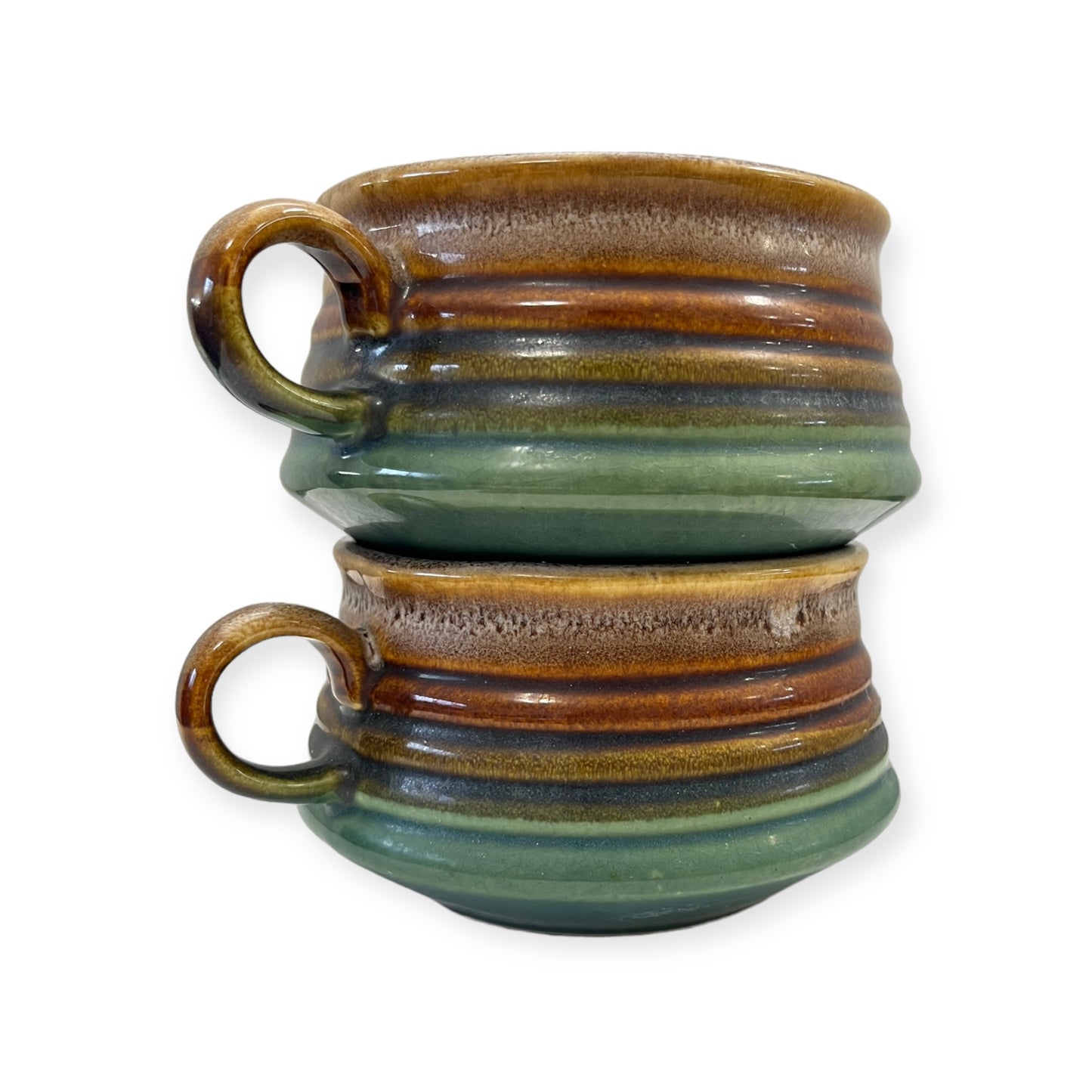 Vintage Stoneware Soup Bowl Mug with Handle Brown Drip with Green Ribbed Banded Style Retro