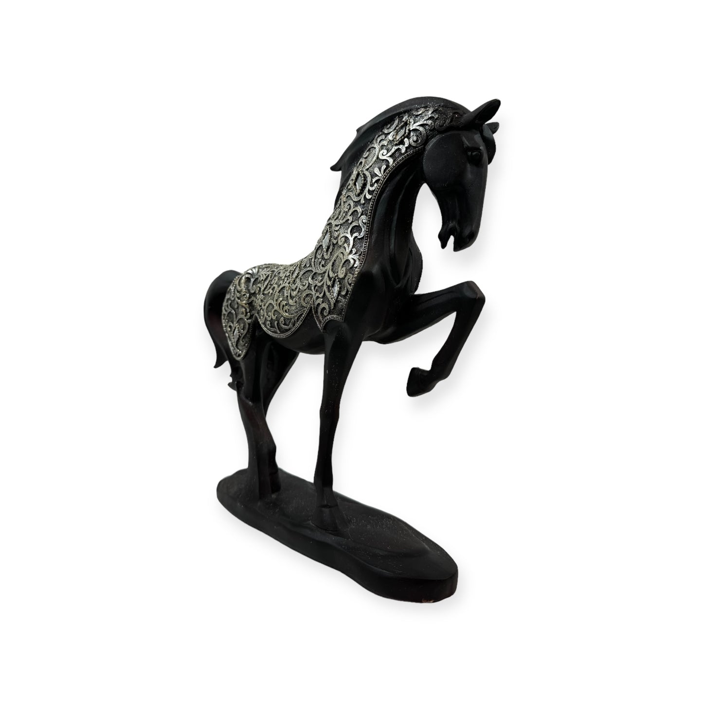 Black Carved Wood Friesian Horse Statue with Fancy Decorative Golden Cover