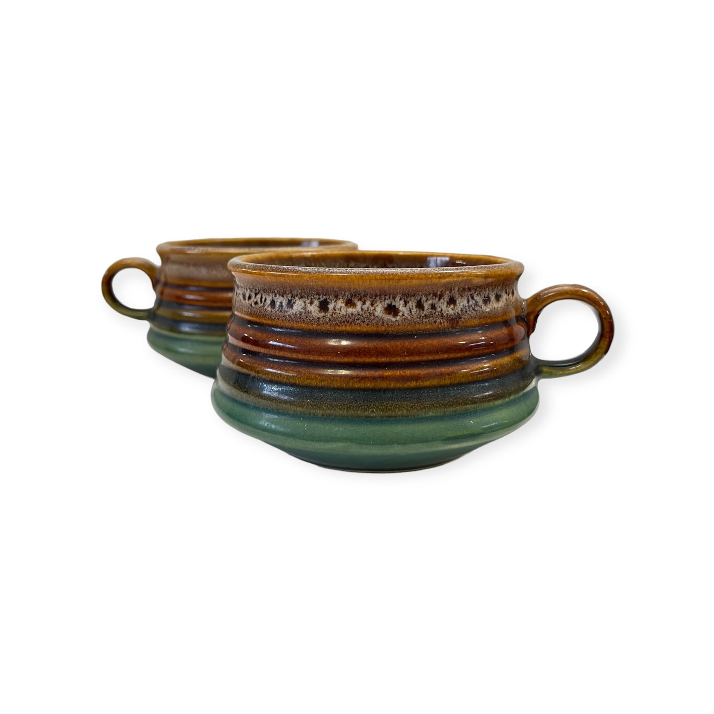 Vintage Stoneware Soup Bowl Mug with Handle Brown Drip with Green Ribbed Banded Style Retro