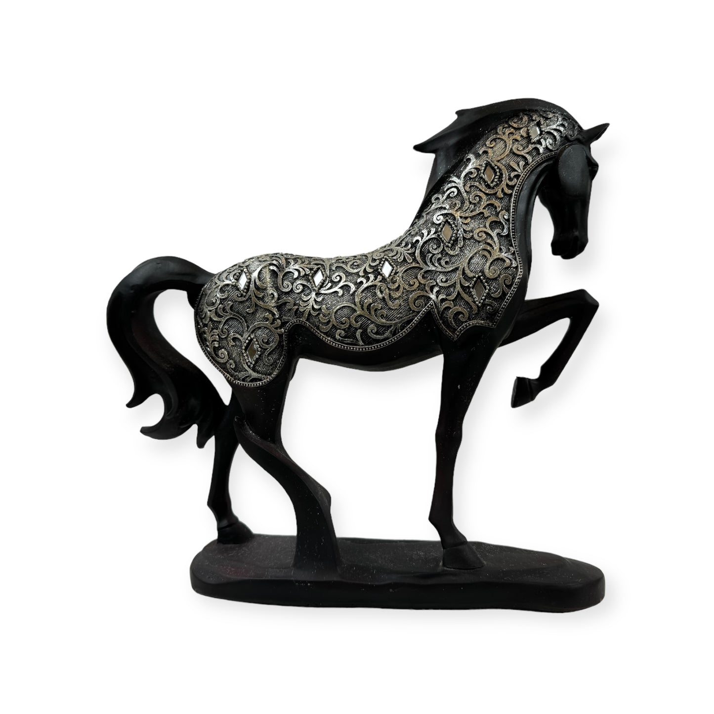 Black Carved Wood Friesian Horse Statue with Fancy Decorative Golden Cover