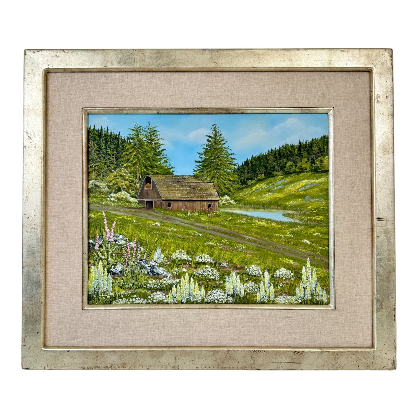 Original Oil Painting Old Barn and Pasture with Wildflowers By LJ Holmes