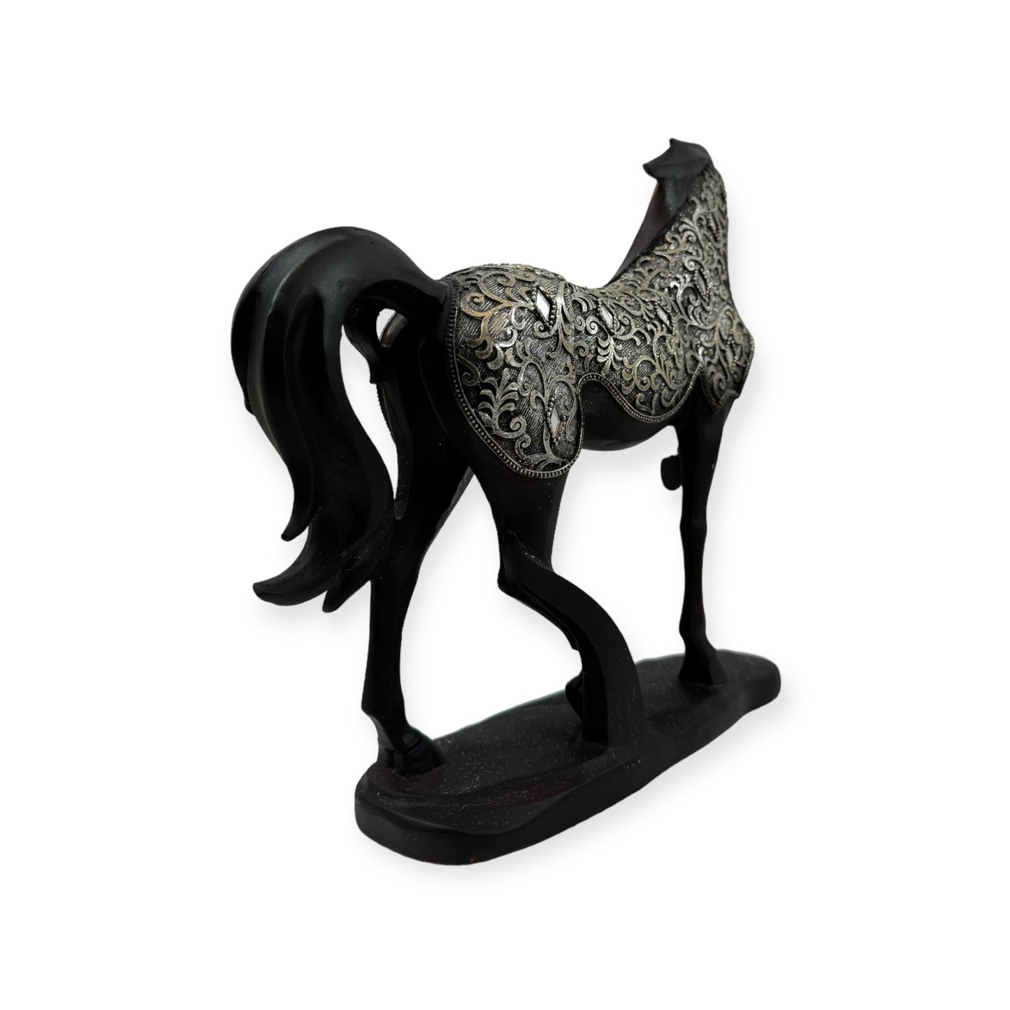 Black Carved Wood Friesian Horse Statue with Fancy Decorative Golden Cover