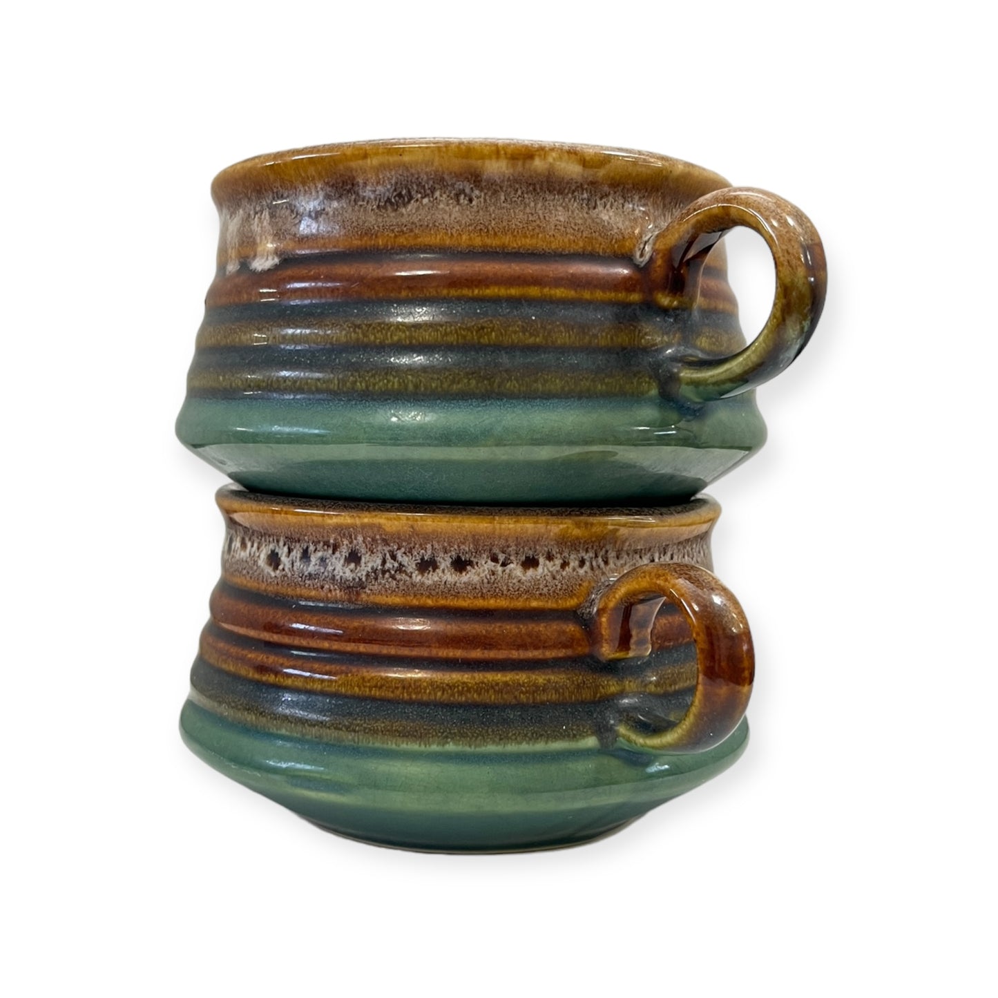 Vintage Stoneware Soup Bowl Mug with Handle Brown Drip with Green Ribbed Banded Style Retro