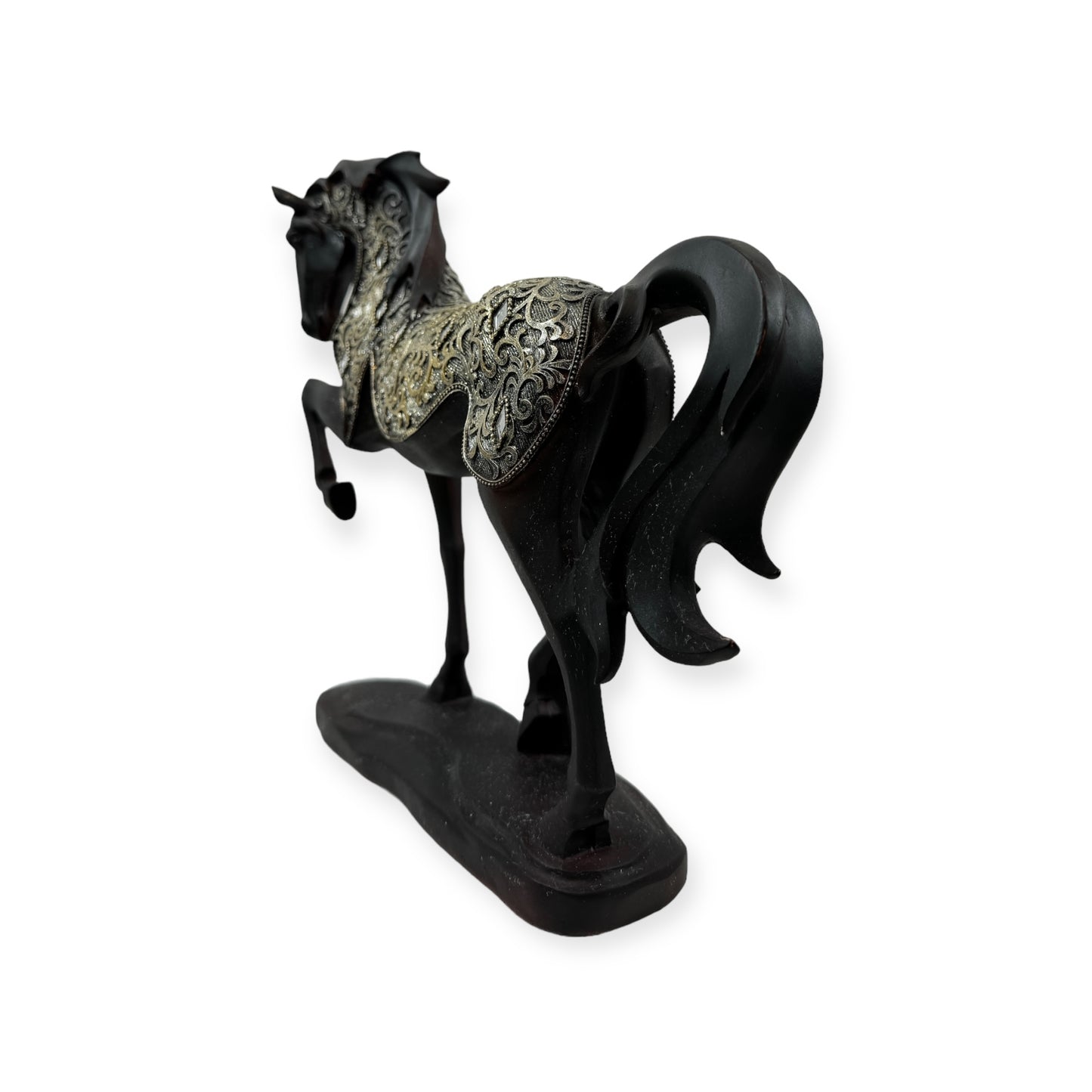 Black Carved Wood Friesian Horse Statue with Fancy Decorative Golden Cover