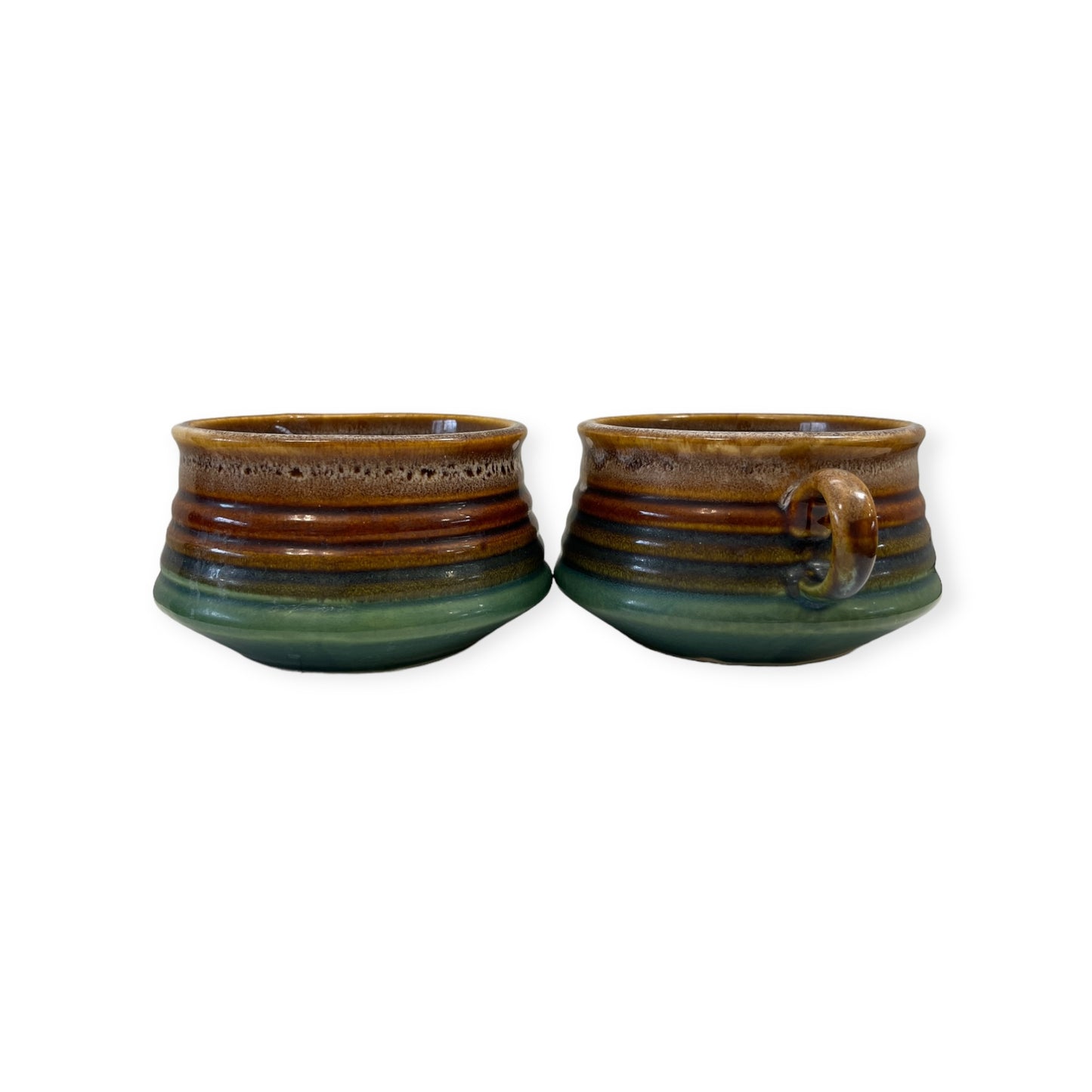 Vintage Stoneware Soup Bowl Mug with Handle Brown Drip with Green Ribbed Banded Style Retro