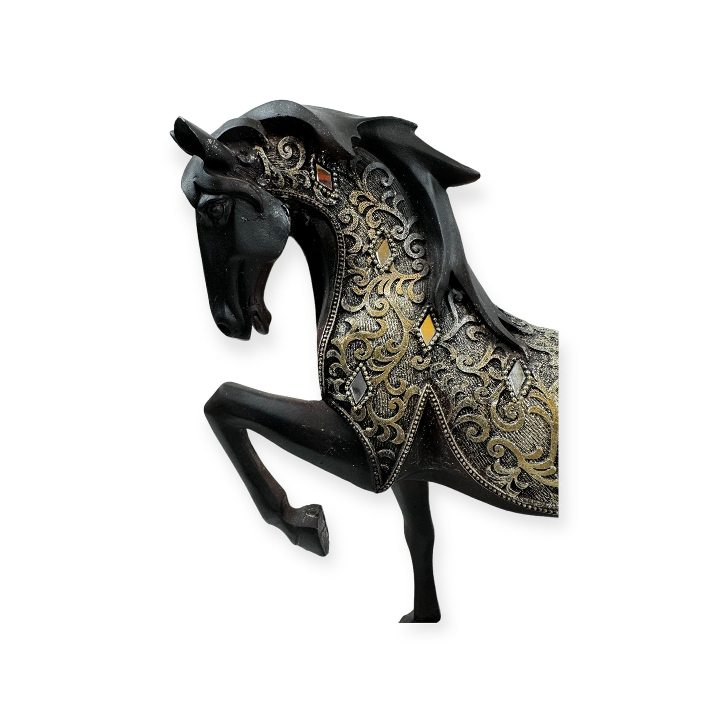 Black Carved Wood Friesian Horse Statue with Fancy Decorative Golden Cover