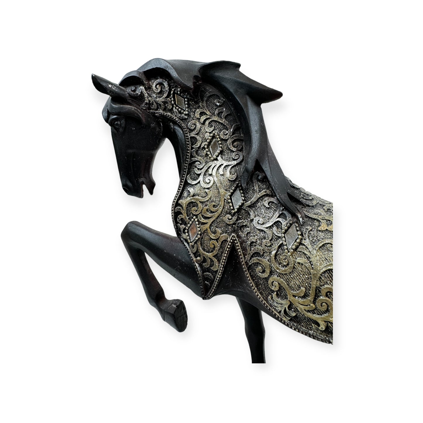 Black Carved Wood Friesian Horse Statue with Fancy Decorative Golden Cover