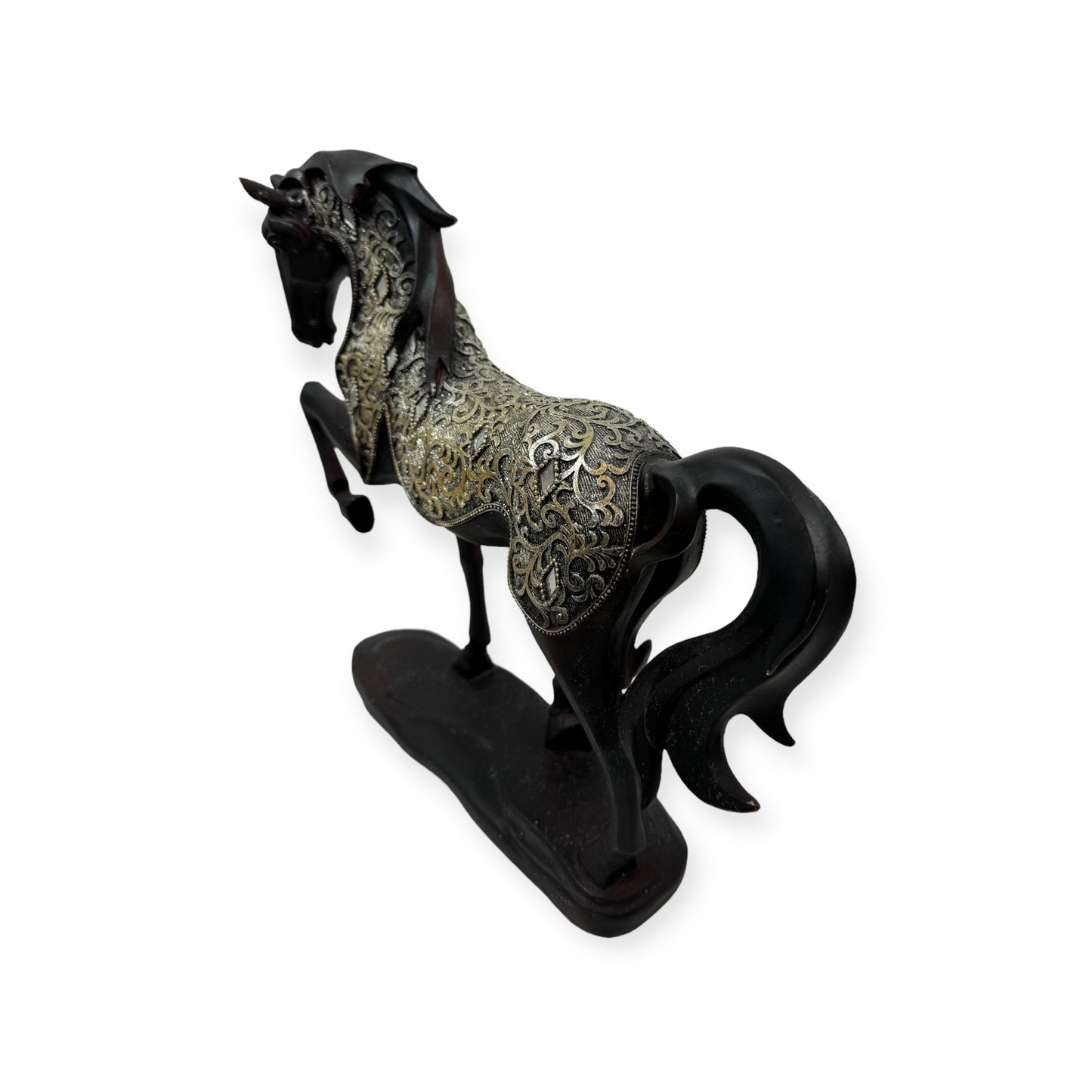 Black Carved Wood Friesian Horse Statue with Fancy Decorative Golden Cover