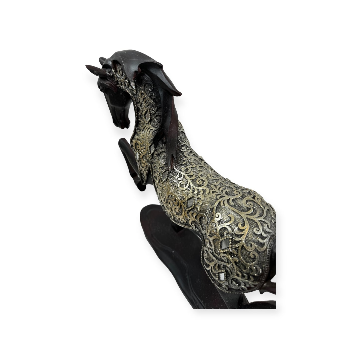 Black Carved Wood Friesian Horse Statue with Fancy Decorative Golden Cover