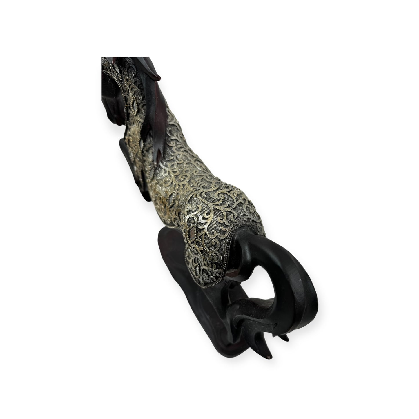 Black Carved Wood Friesian Horse Statue with Fancy Decorative Golden Cover