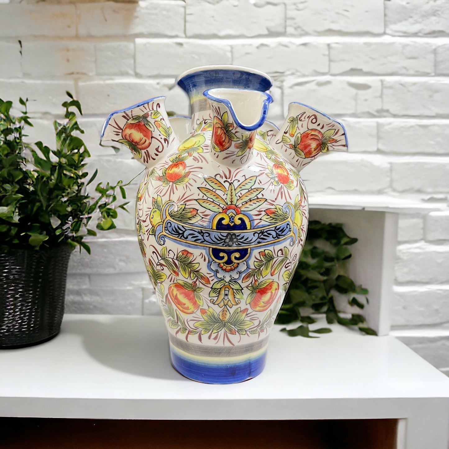 Vintage 6-neck round hand-painted ceramic vase