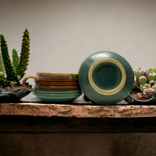 Vintage Stoneware Soup Bowl Mug with Handle Brown Drip with Green Ribbed Banded Style Retro