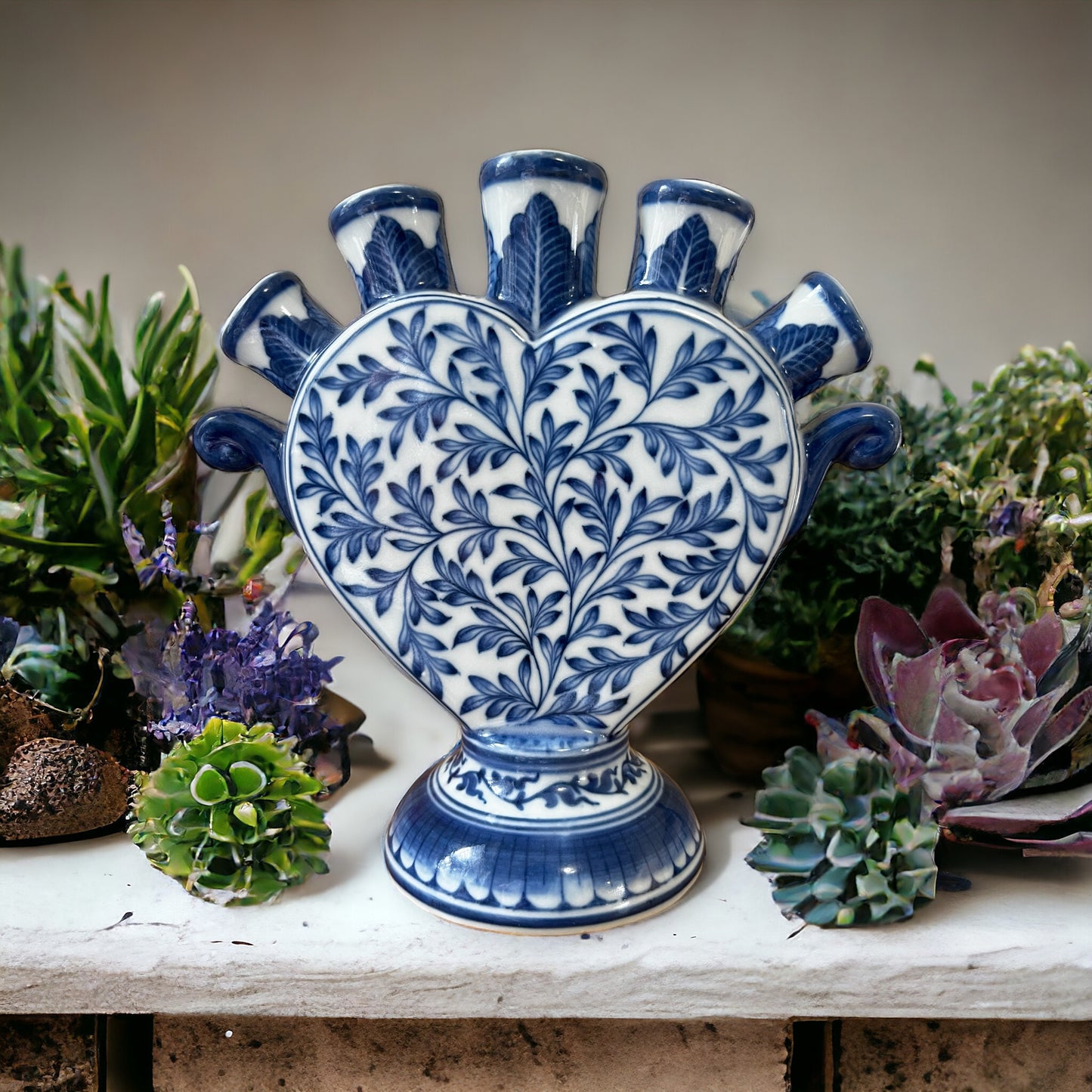 Vintage 5-neck Handpainted Oriental Blue & White Porcelain Vase