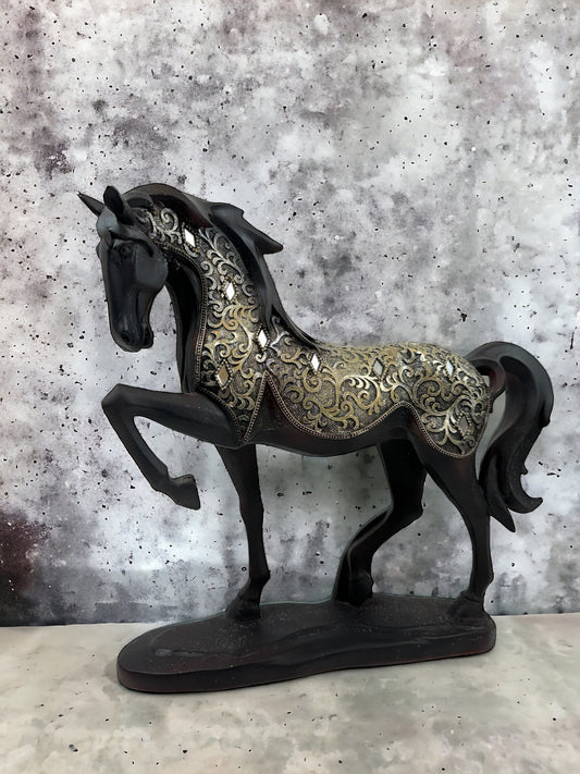 Black Carved Wood Friesian Horse Statue with Fancy Decorative Golden Cover