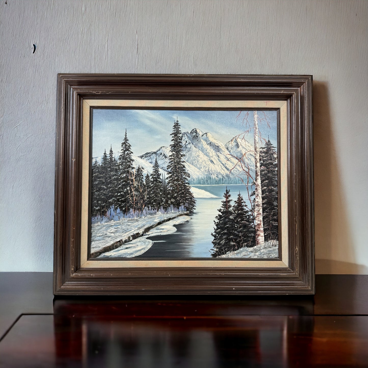 Vintage 1982 Winter Mountain Framed Landscape Original Oil Painting