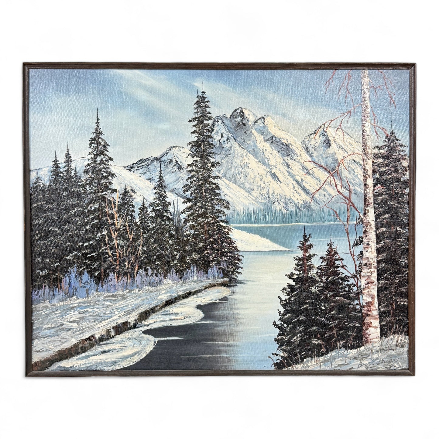 Vintage 1982 Winter Mountain Framed Landscape Original Oil Painting