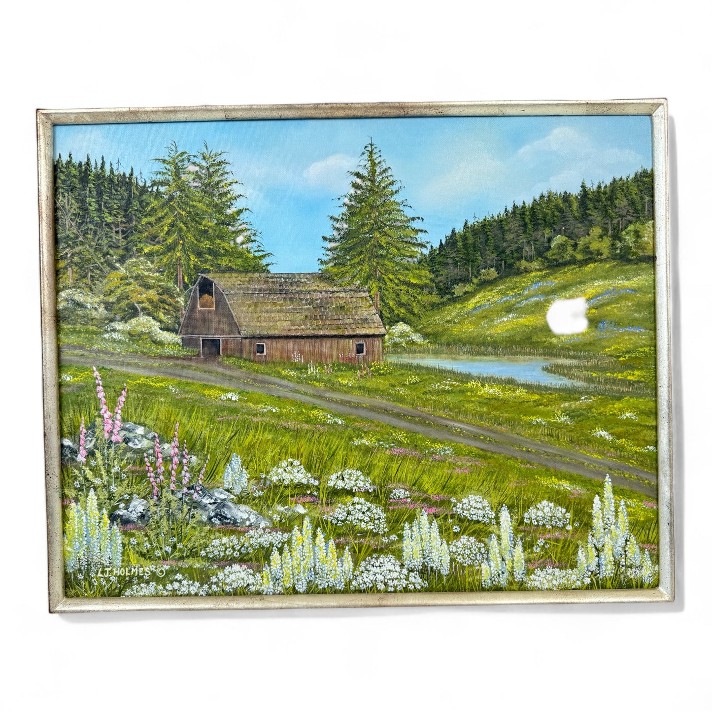 Original Oil Painting Old Barn and Pasture with Wildflowers By LJ Holmes