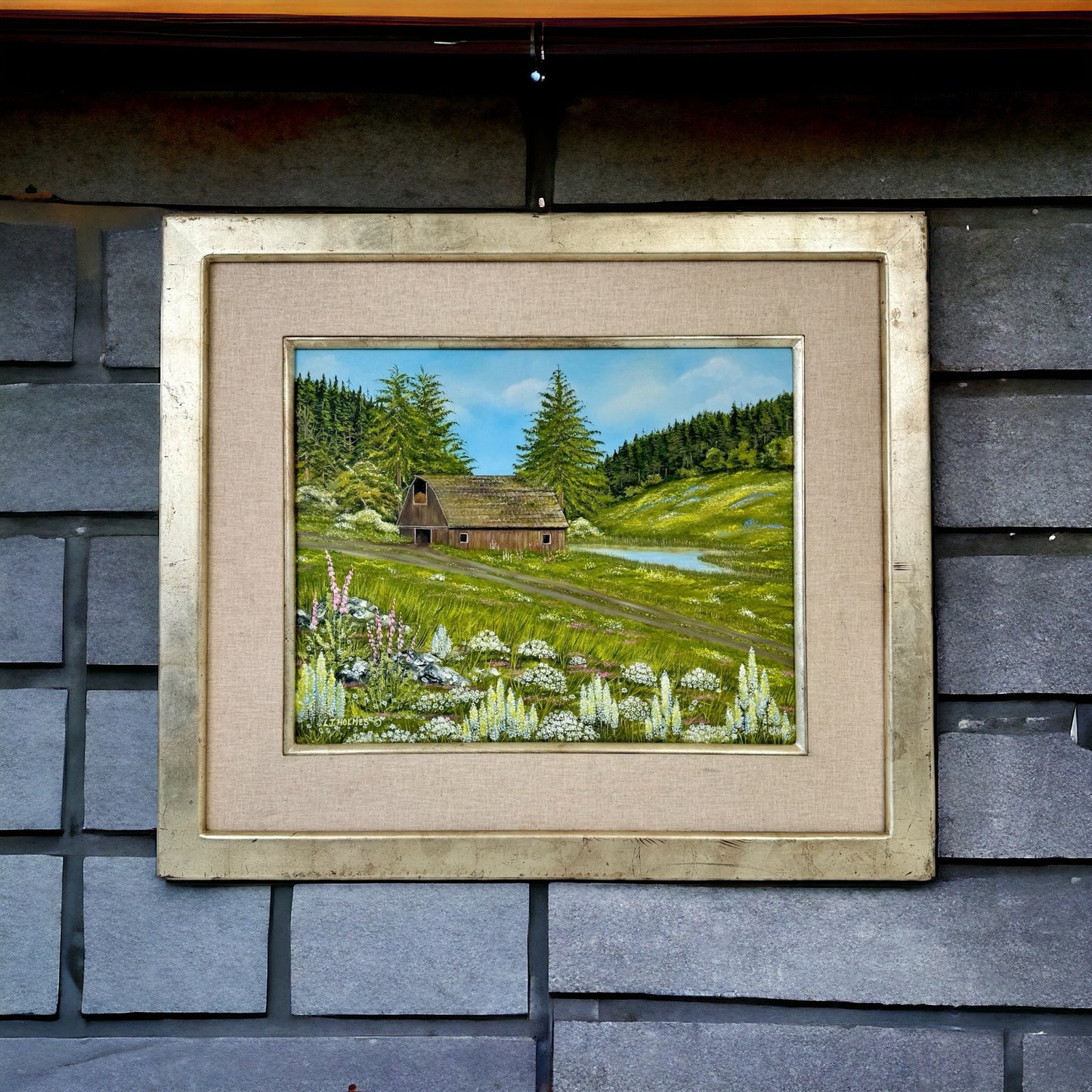 Original Oil Painting Old Barn and Pasture with Wildflowers By LJ Holmes