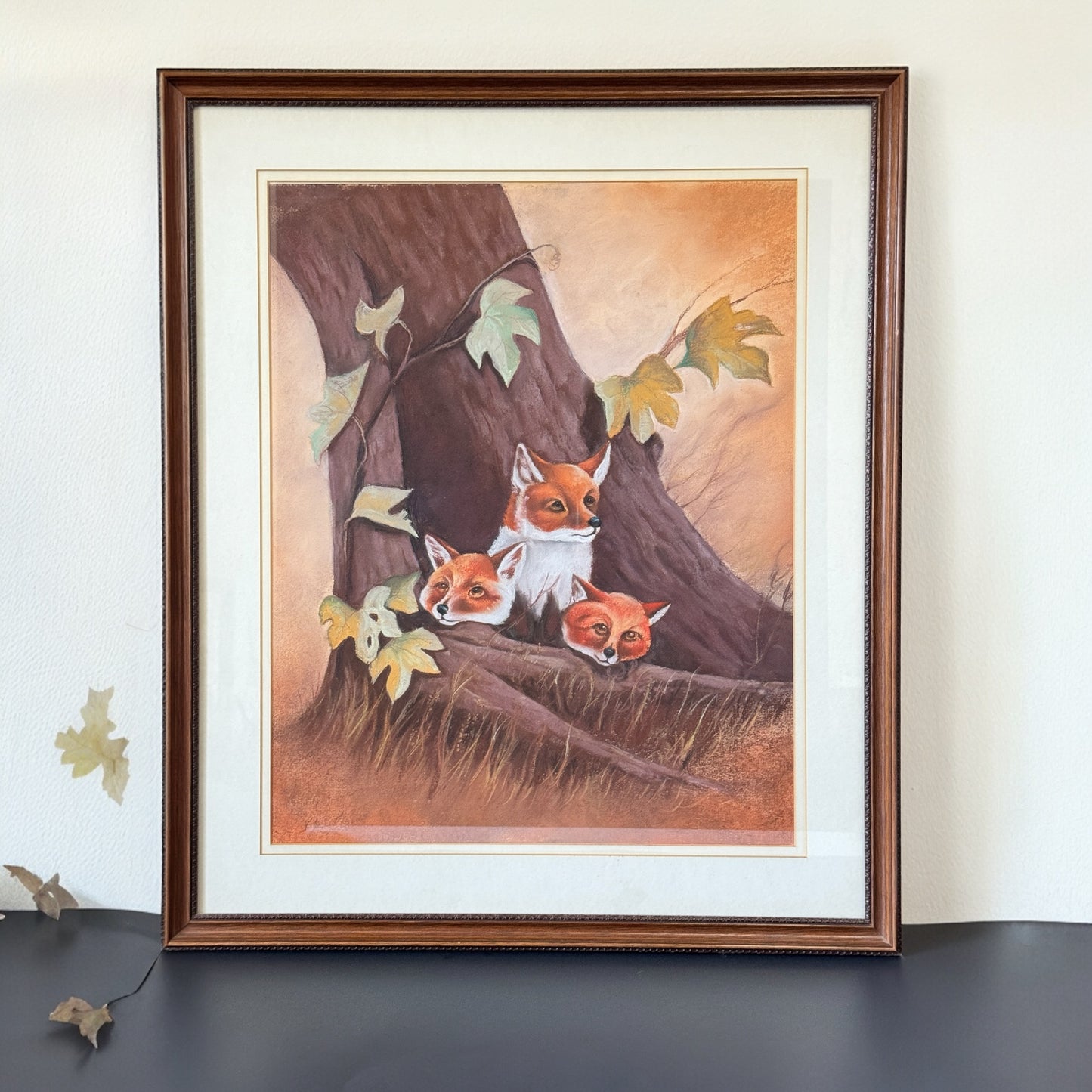 Old Fox Family Original Painting in Oil Pastel Art L 21.1/10" x H 25.2/2"