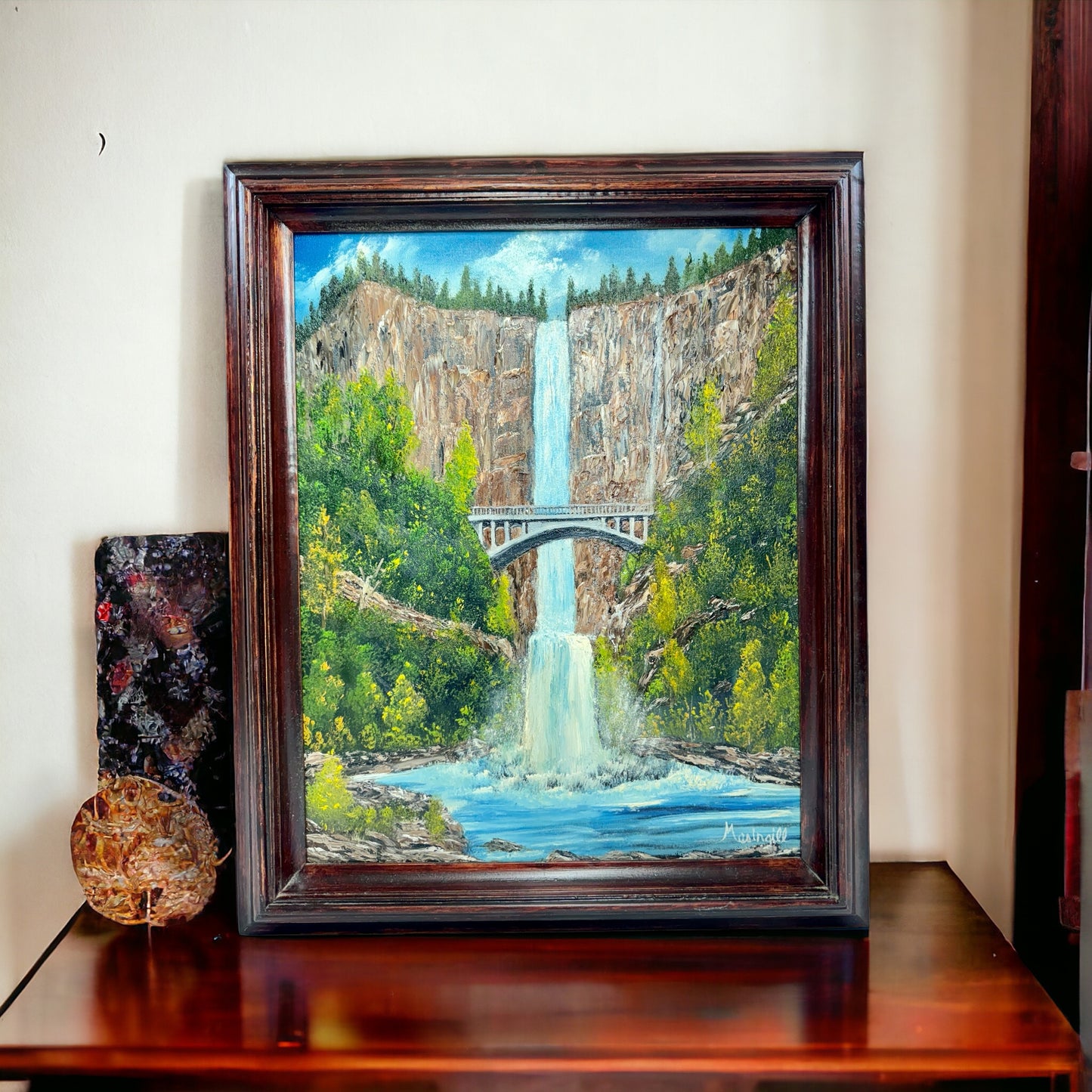 Vintage Multnomah Falls, Oregon Acrylic Painting 3D Original Art 23" Height