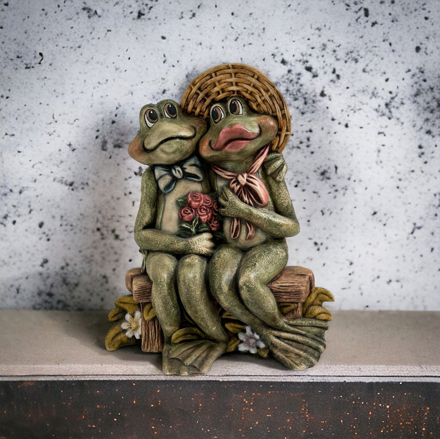 Vintage loving frog couple on a log statues figurines 10" tall