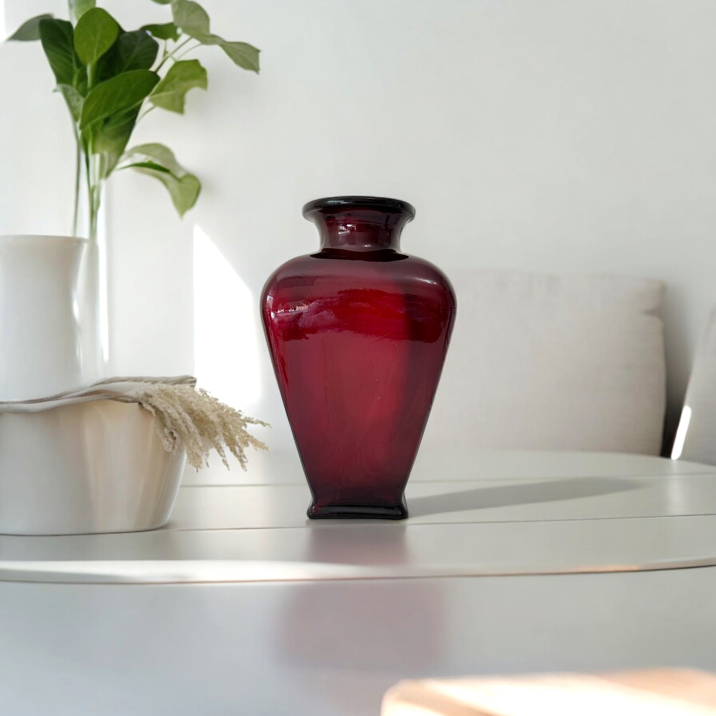 Vintage 16" Large Glass Vase of Cranberry Red Gold Made in Spain