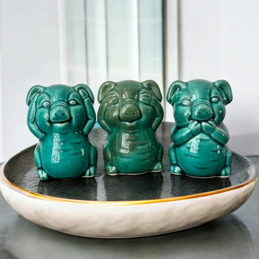 Ceramic Crackle Glaze Teal Green Pig Figurines 3 Piece Hear No Evil Speak See