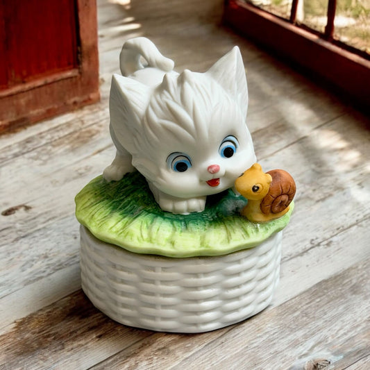 Vintage Adorable Kitten and Snail Ceramic Trinket Box Figurine 3.5" Length