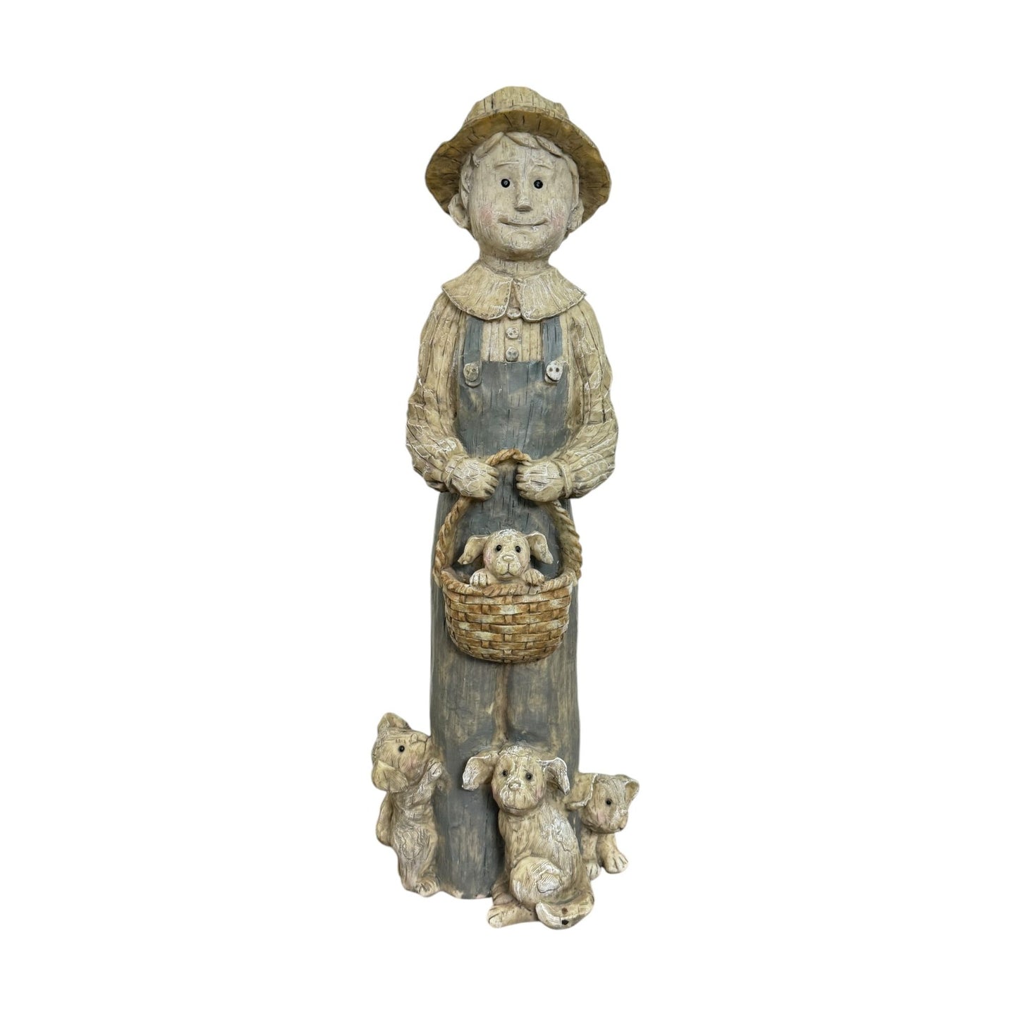 Country Boy With Puppies Basket Wood Look Resin 17" Tall Figurine Sculptures