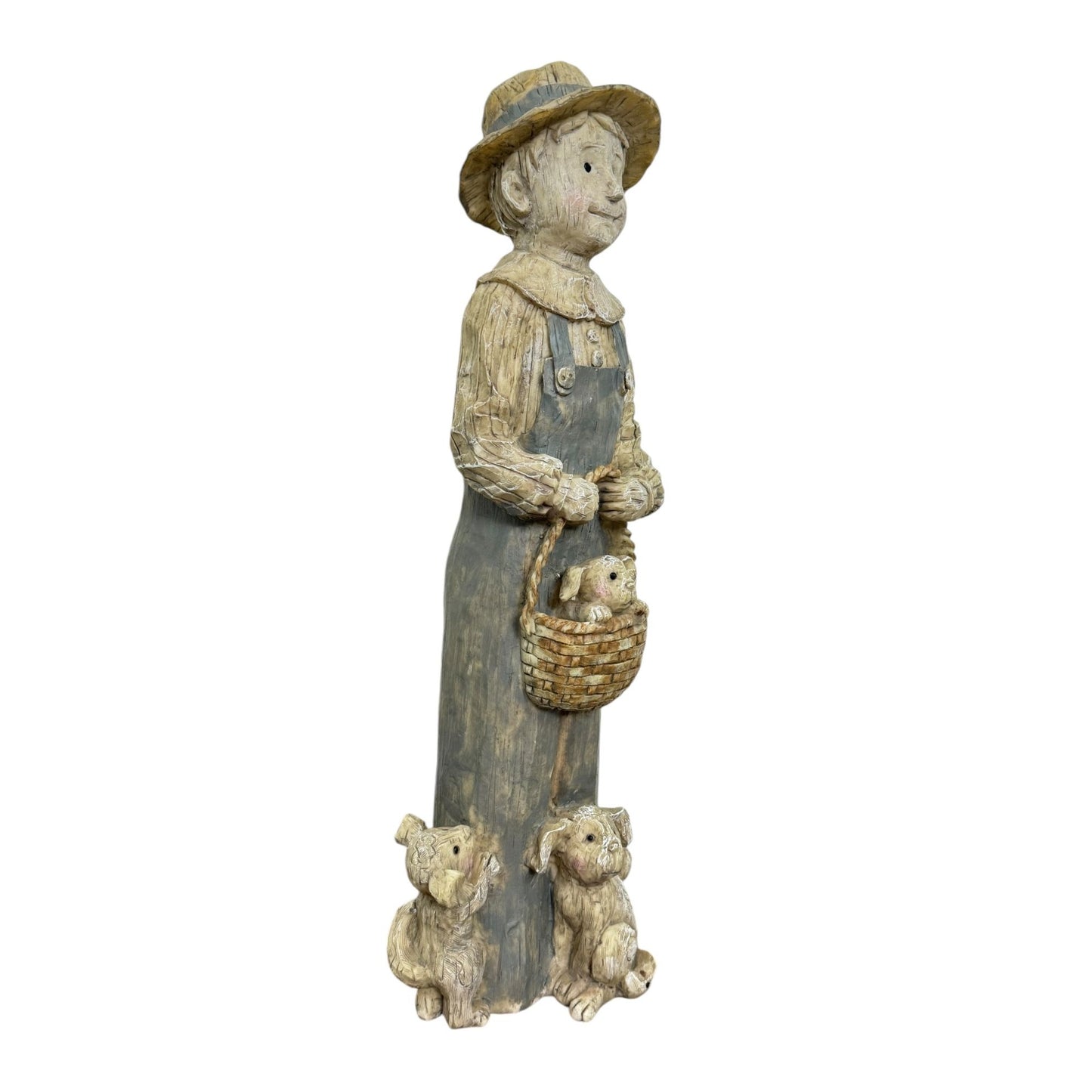 Country Boy With Puppies Basket Wood Look Resin 17" Tall Figurine Sculptures