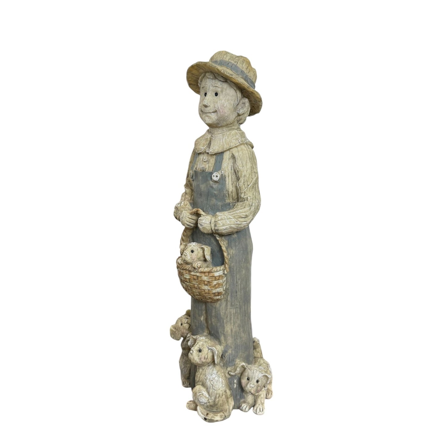 Country Boy With Puppies Basket Wood Look Resin 17" Tall Figurine Sculptures