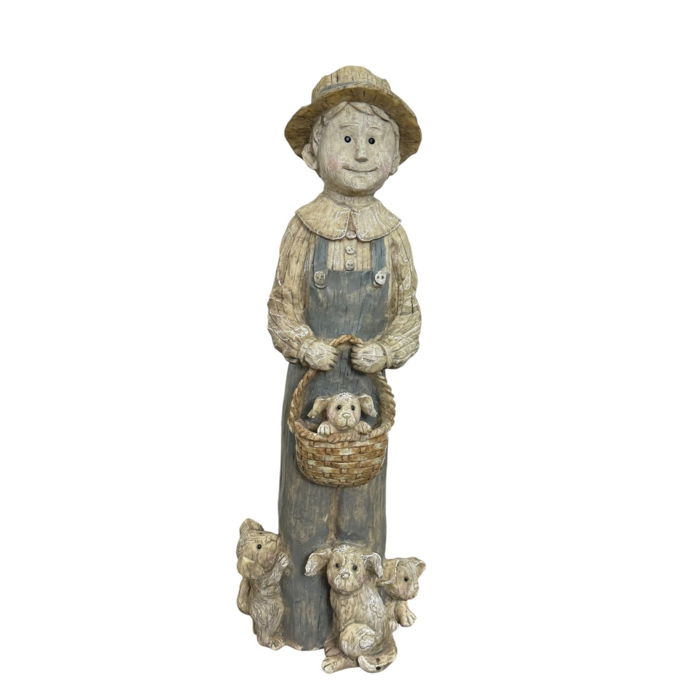 Country Boy With Puppies Basket Wood Look Resin 17" Tall Figurine Sculptures