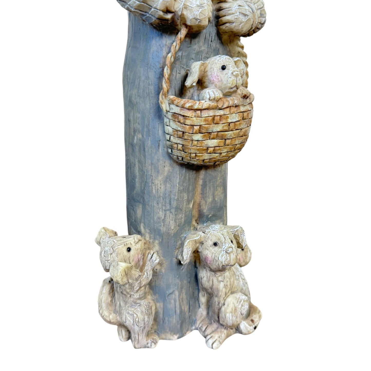 Country Boy With Puppies Basket Wood Look Resin 17" Tall Figurine Sculptures