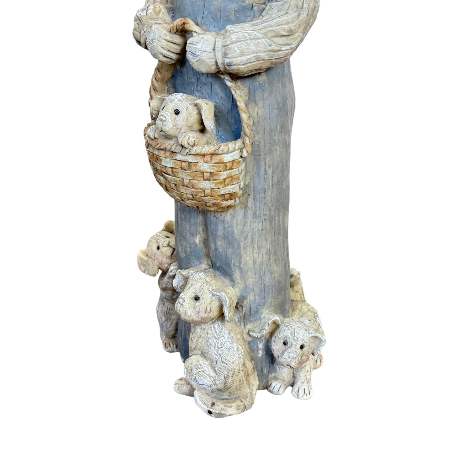 Country Boy With Puppies Basket Wood Look Resin 17" Tall Figurine Sculptures