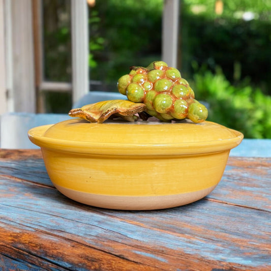 Vintage Cali Large Ceramic Pottery Serving Bowl Yellow Grape 3D Lid Collectible