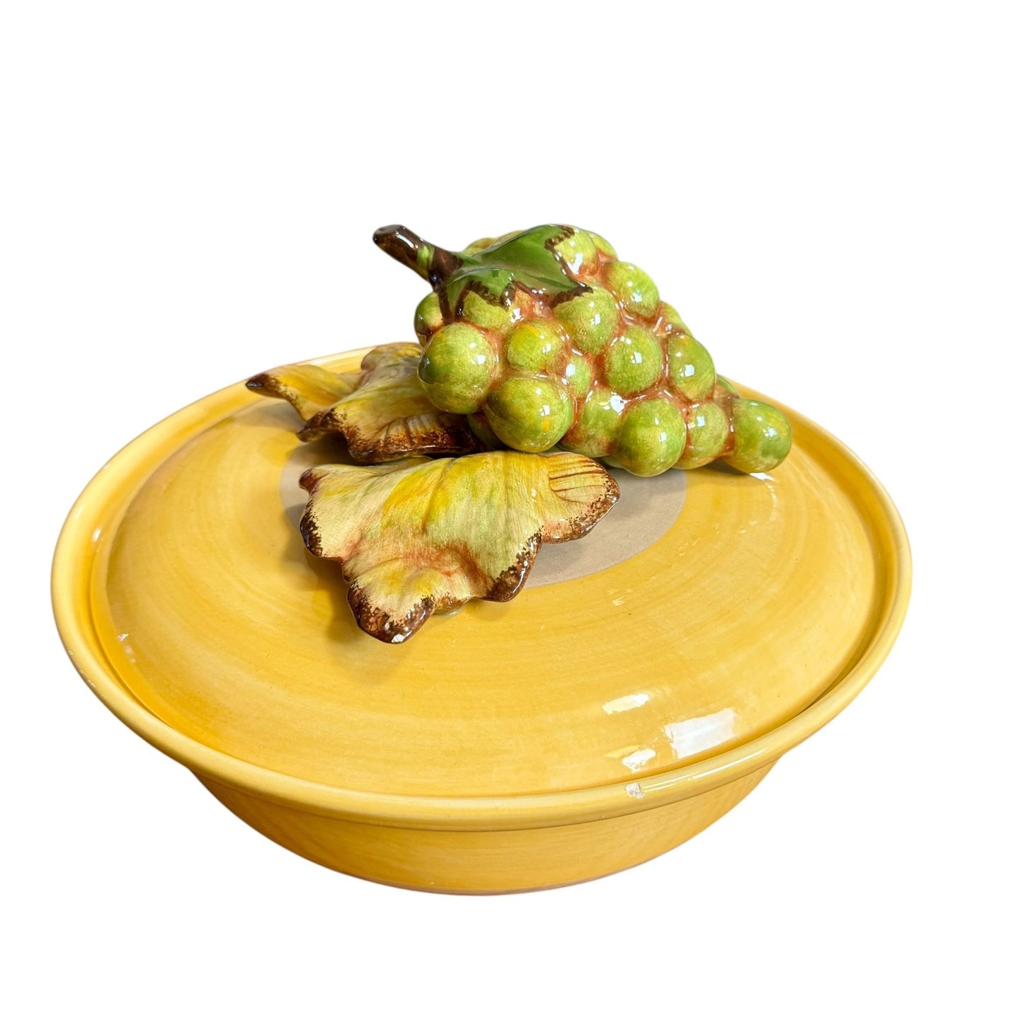 Vintage Cali Large Ceramic Pottery Serving Bowl Yellow Grape 3D Lid Collectible