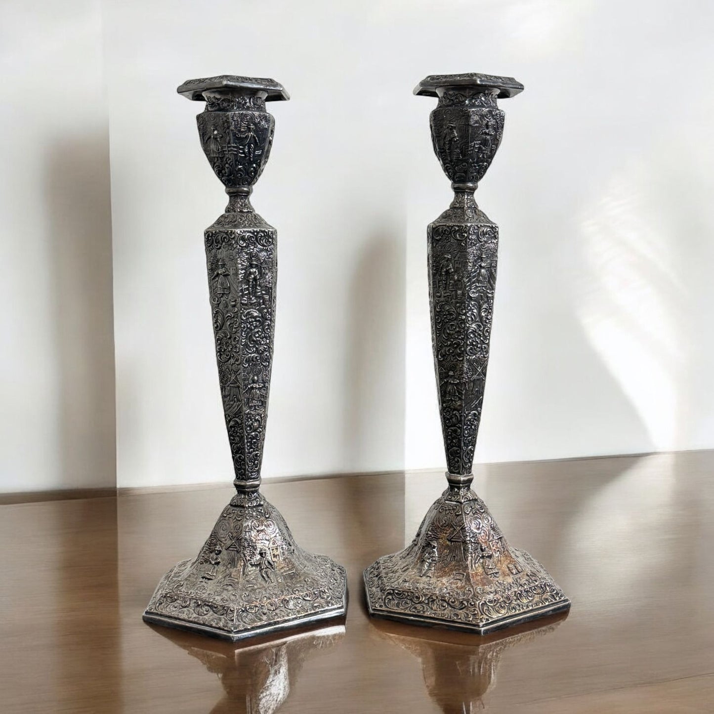 Vintage Pair of Jennings Brothers JB Art Nouveau Metal Candlestick Holders 12" Pastoral Scene