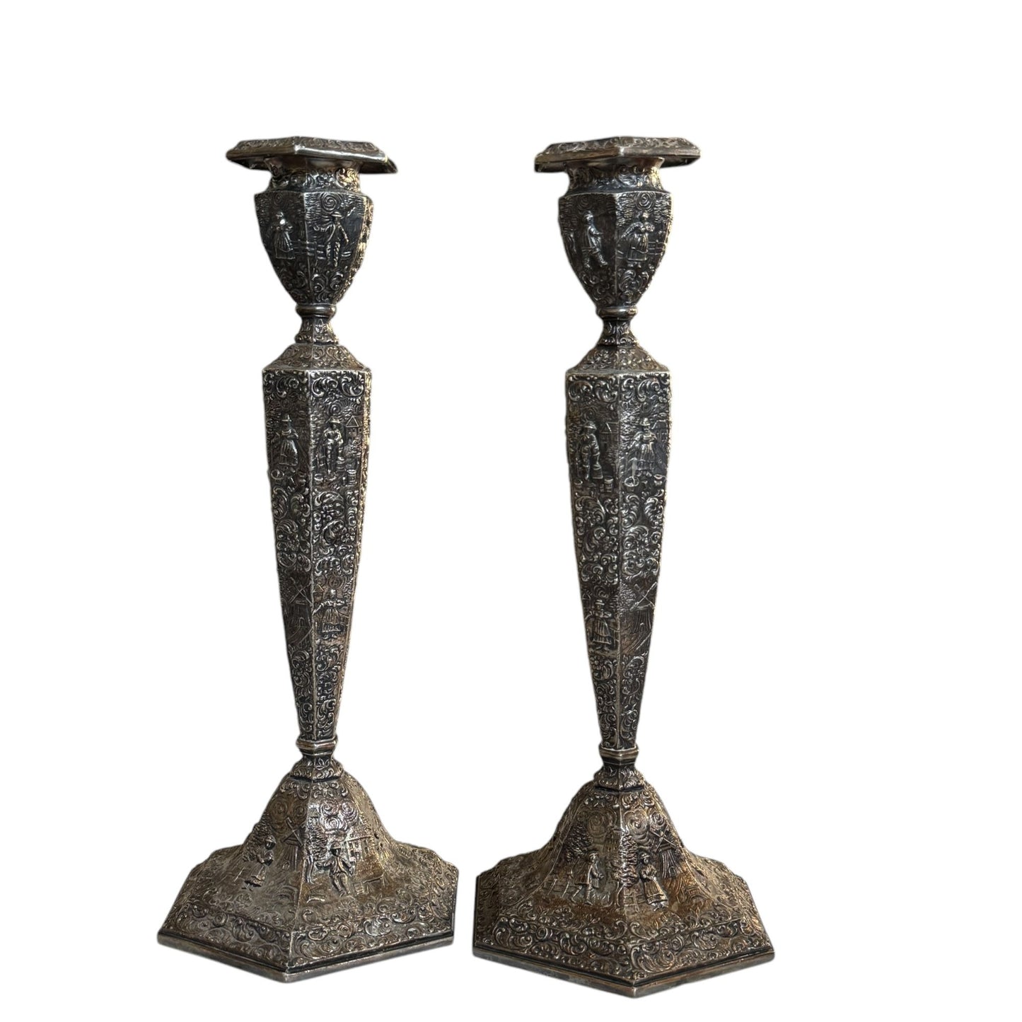 Vintage Pair of Jennings Brothers JB Art Nouveau Metal Candlestick Holders 12" Pastoral Scene