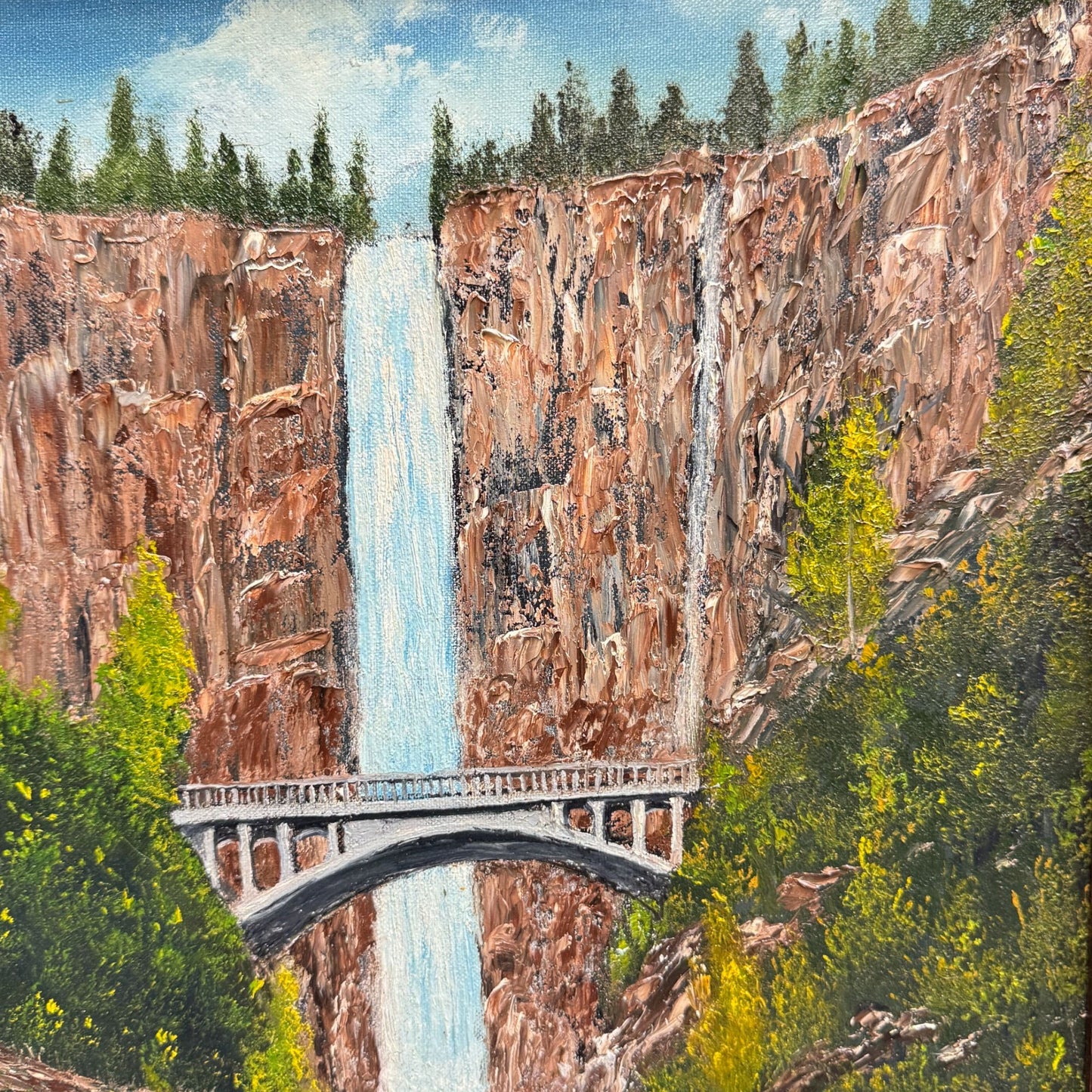 Vintage Multnomah Falls Painting 3D Acrylic Art by Masingill Original 19" x 23"