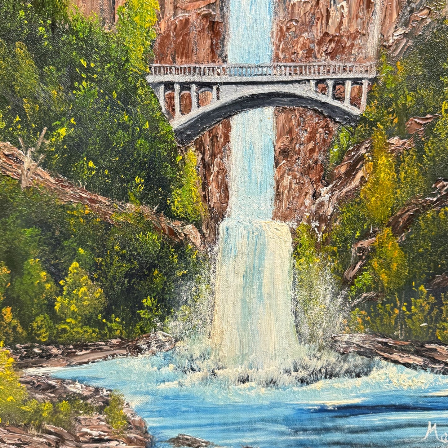 Vintage Multnomah Falls Painting 3D Acrylic Art by Masingill Original 19" x 23"