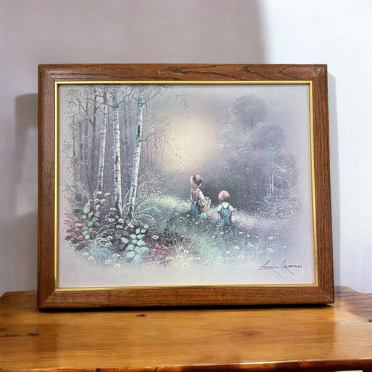 Vintage Andres Orpinas Art Print, Boy and Girl Collecting Flowers Wall Decor