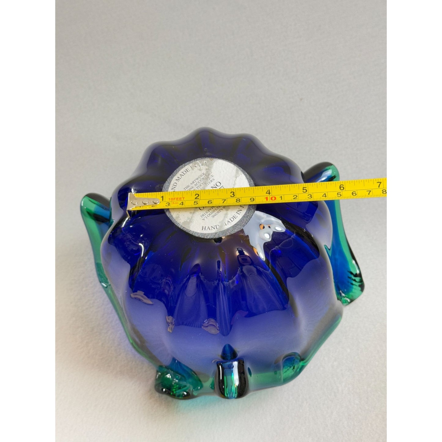 Vintage Italian Murano Style Art Glass Bowl, Cobalt Blue, Green Crest Edge 8" H