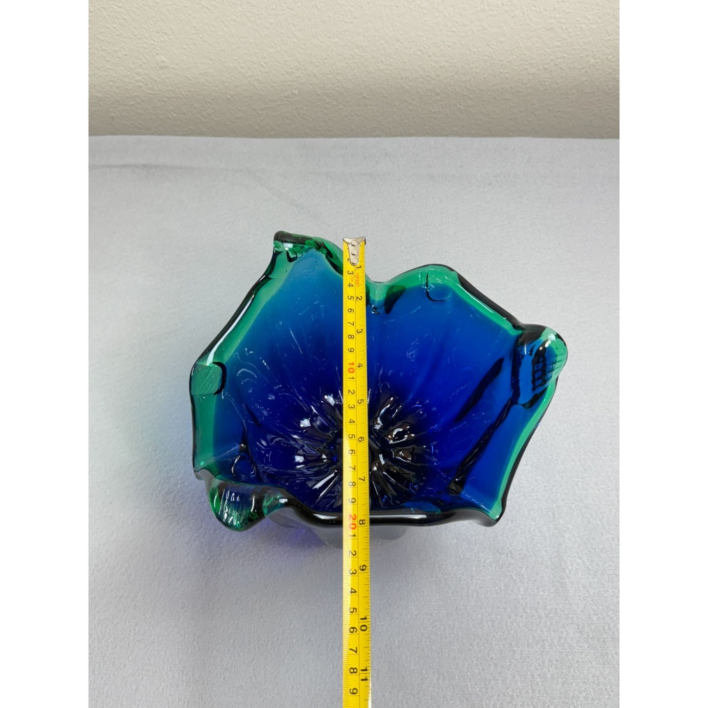 Vintage Italian Murano Style Art Glass Bowl, Cobalt Blue, Green Crest Edge 8" H