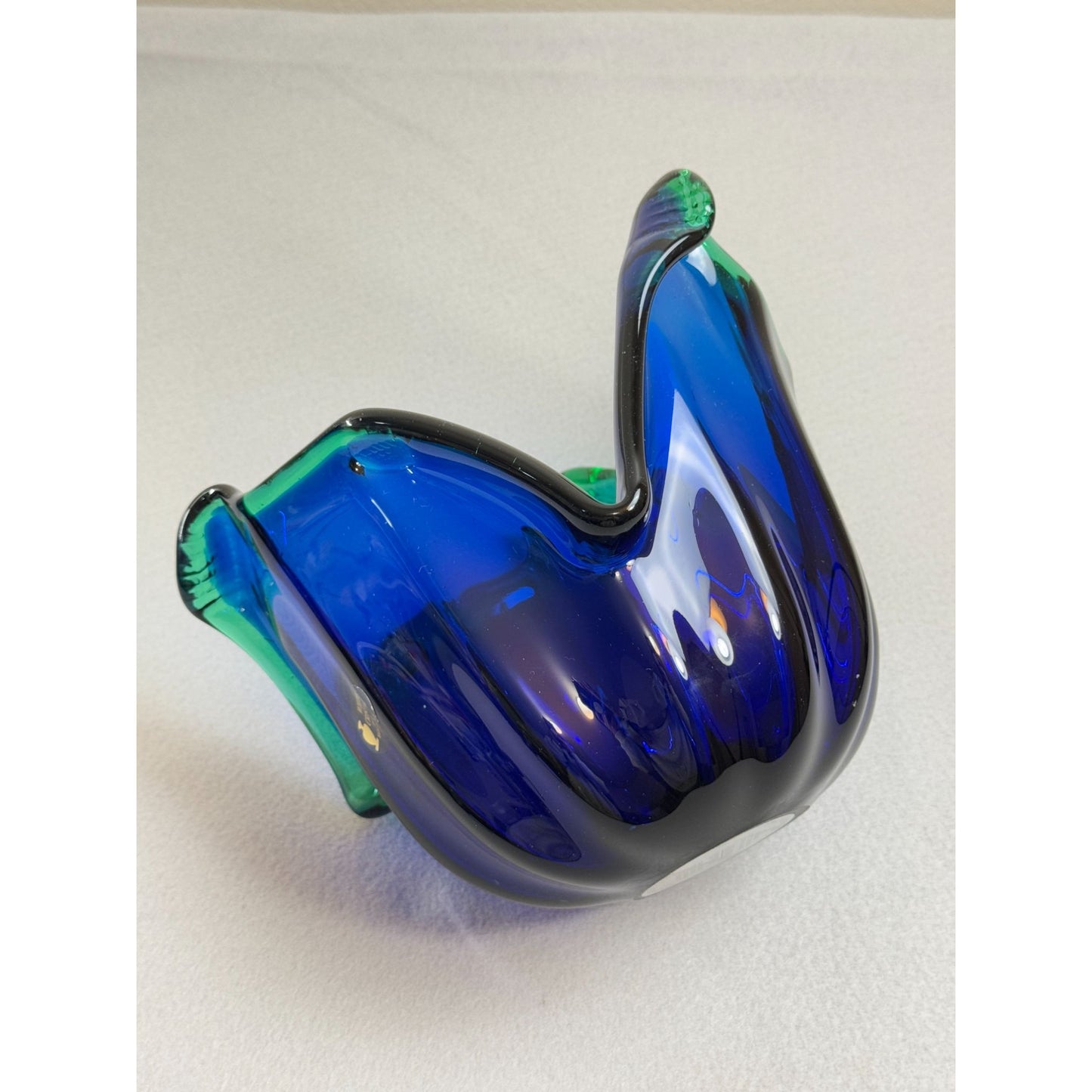 Vintage Italian Murano Style Art Glass Bowl, Cobalt Blue, Green Crest Edge 8" H