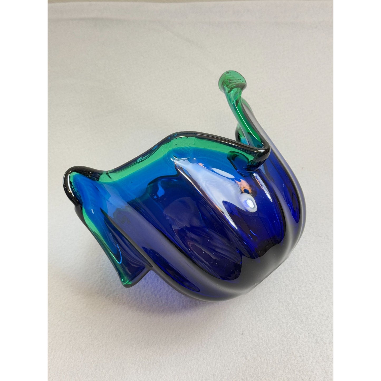 Vintage Italian Murano Style Art Glass Bowl, Cobalt Blue, Green Crest Edge 8" H