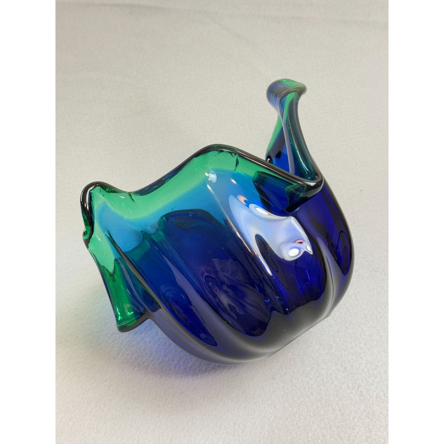 Vintage Italian Murano Style Art Glass Bowl, Cobalt Blue, Green Crest Edge 8" H