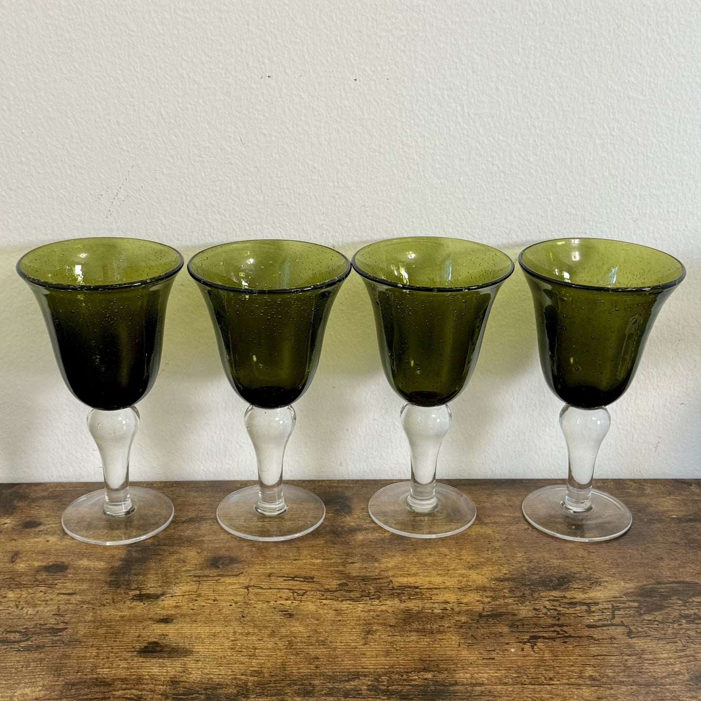 Vintage Artland Iris Collection Goblet Glasses Olive Green Bubble Hand Blown