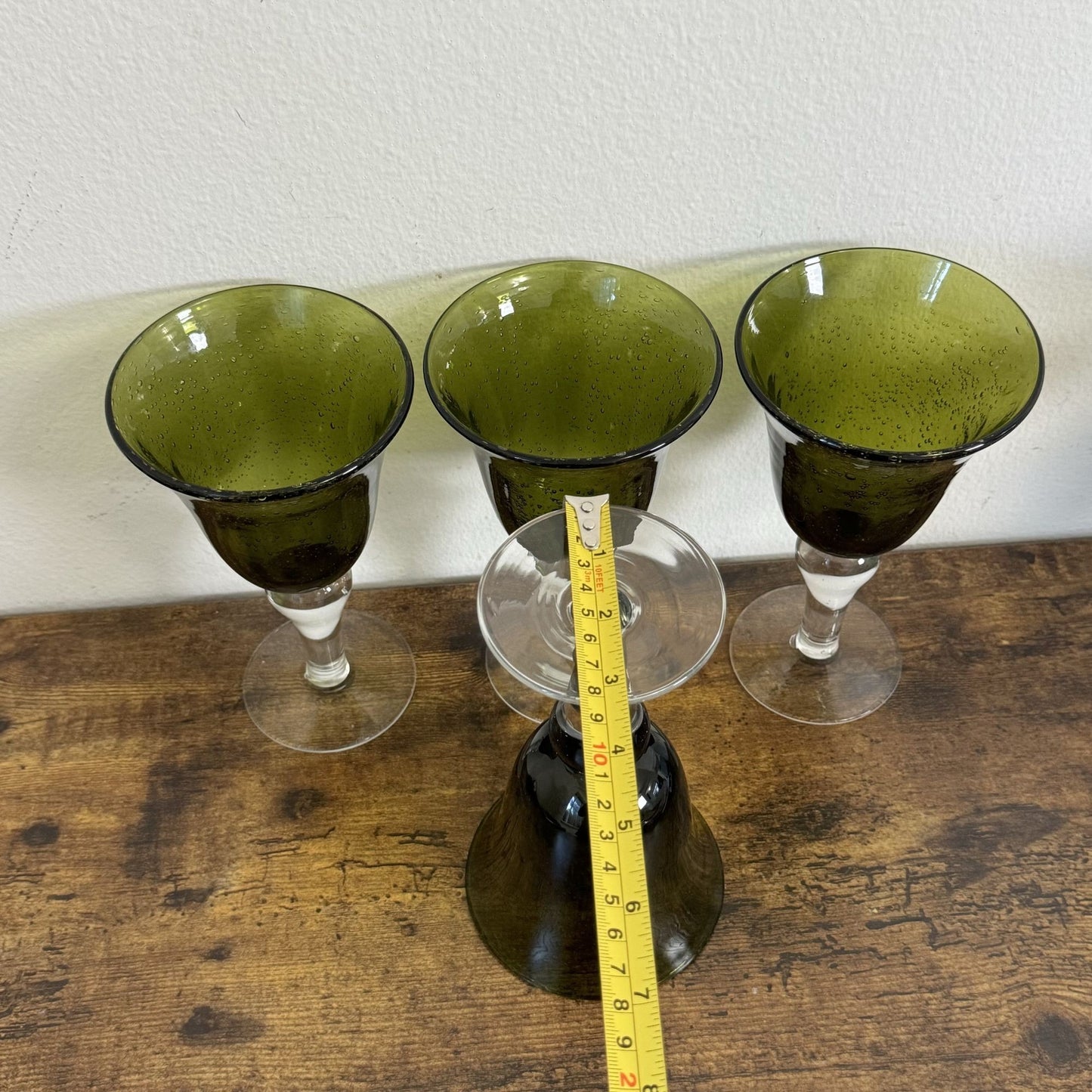 Vintage Artland Iris Collection Goblet Glasses Olive Green Bubble Hand Blown