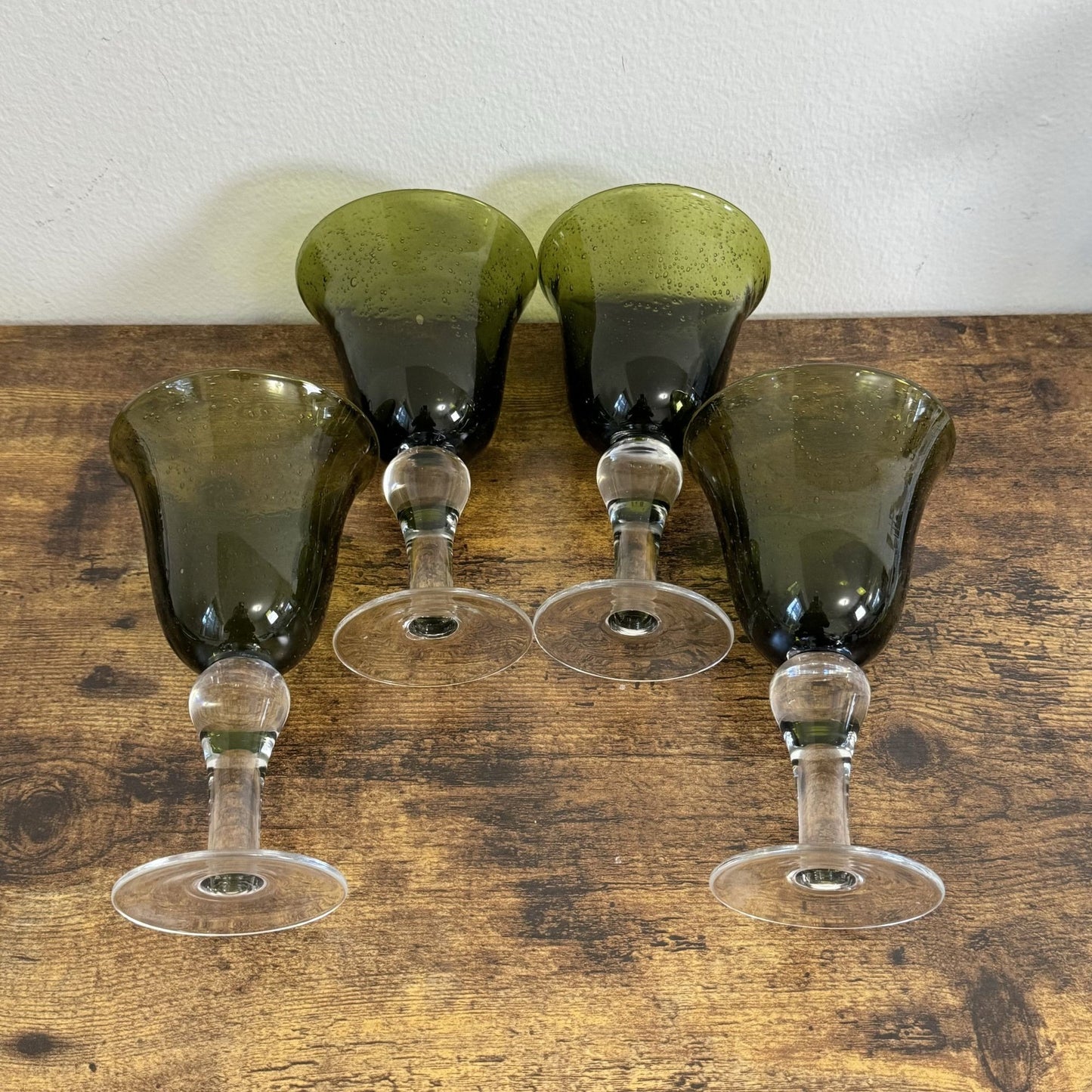 Vintage Artland Iris Collection Goblet Glasses Olive Green Bubble Hand Blown